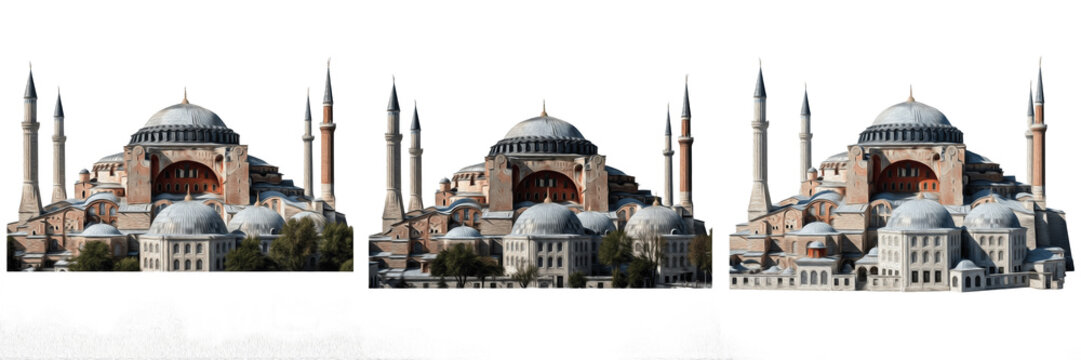 Historic Ottoman Mosque Architecture Set with Hagia Sophia Style Domes and Minarets