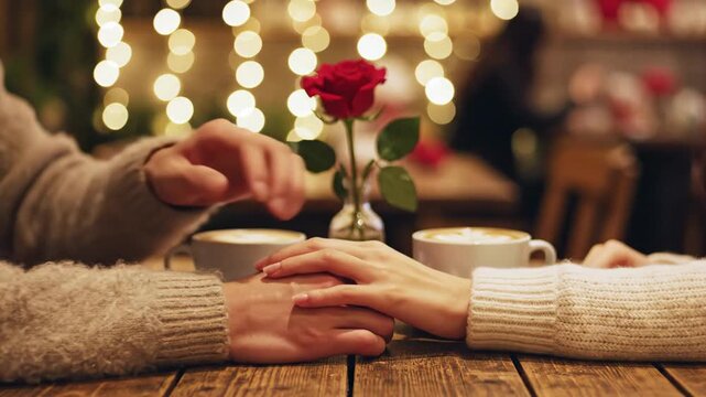 A romantic Valentine's moment captured in a cozy cafe setting with hands holding coffee cups
