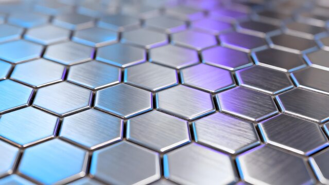 Close-up of a metallic hexagonal pattern with reflective surface and gradient lighting