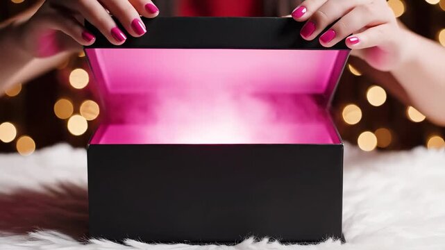 A woman's hands opening a black gift box with pink interior on a Valentine's day celebration