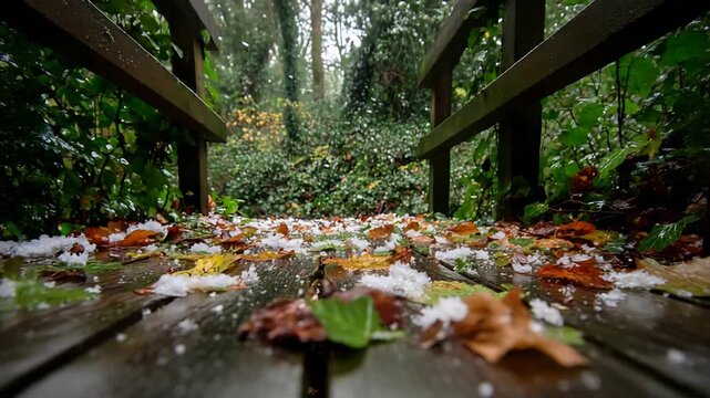 Colorful autumn leaves and delicate fresh snow fall on a rustic wooden forest bridge.