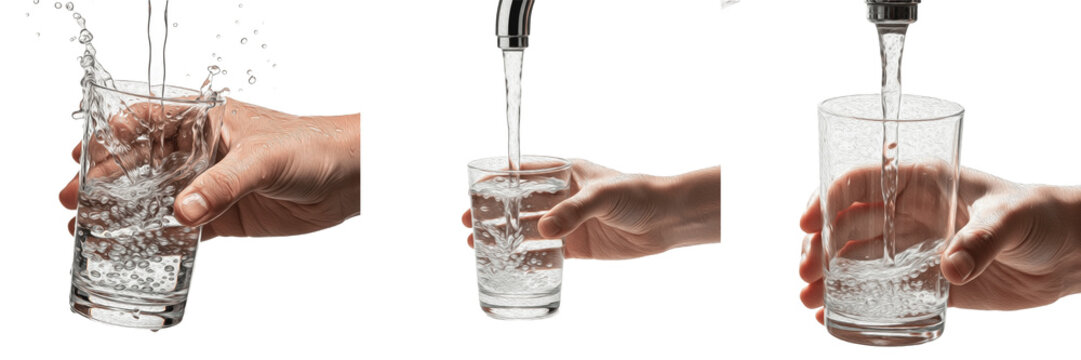 "Close-up of a glass being filled with fresh clean water from a kitchen tap faucet"
