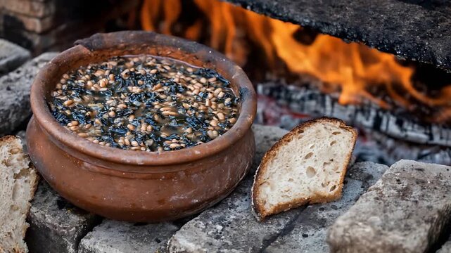 Traditional Rustic Cooking Earthenware Pot Simmering Over Campfire with Fresh Bread.