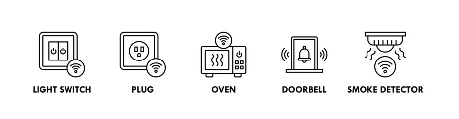 Smart Home banner web icon illustration concept with icon of light switch, plug, oven, doorbell, smoke detector