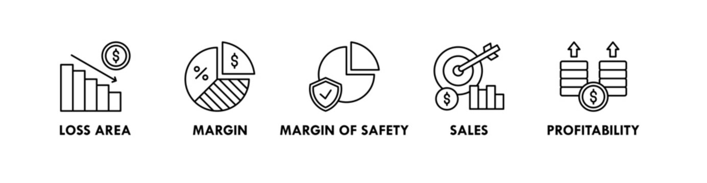 Break Even Point banner web icon illustration concept with icon of loss area, margin, margin of safety, sales, profitability