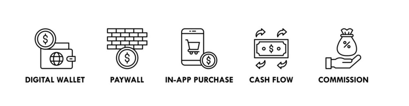 Monetization banner web icon illustration concept with icon of digital wallet, paywall, in-app purchase, cash flow, commission