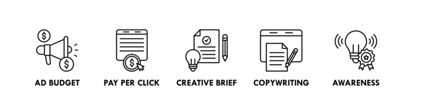 Ad Campaign banner web icon illustration concept with icon of ad budget, pay per click, creative brief, copywriting, awareness