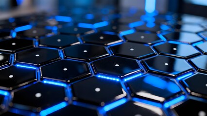 Obraz premium Close-up of a hexagonal grid with blue glowing edges and reflective surfaces