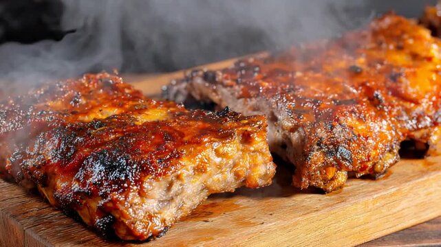 Delicious Barbecue Pork Ribs Sizzling and Steaming Hot on a Rustic Wooden Board.