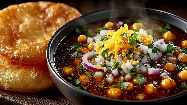 Delicious Steaming Chana Masala with Fresh Garnish and Golden Fried Bread Served Hot.