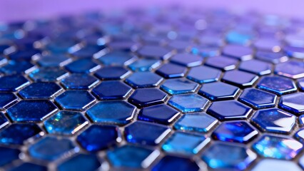 Obraz premium Close-up of blue hexagonal mosaic tiles with reflective surfaces