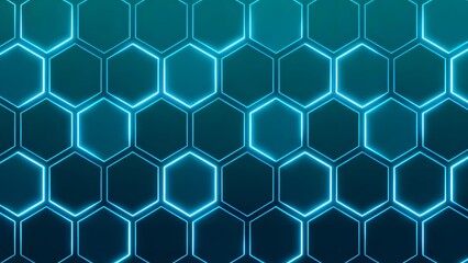 Fototapeta premium Neon blue hexagonal grid pattern with glowing outlines on a dark background