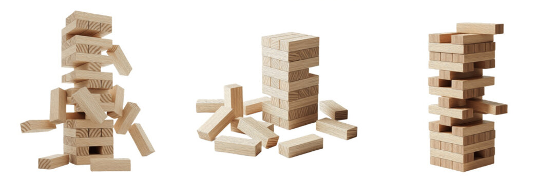 Set of Three Wooden Tumble Tower Games Showing Falling, Collapsed, and Standing Blocks Isolated on White Background
