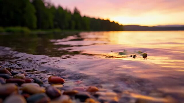 Serene lake at sunset with vibrant colors and tranquil water reflections.