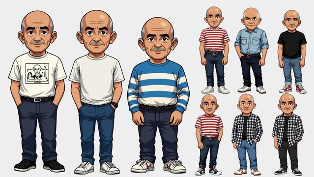 Elderly Bald Guy Vector Character Illustration in Various Casual Outfits, Senior Man with Mustache in Stripes and Plaid Shirts, Caricature Style Male Icon Set for Retirement Themes