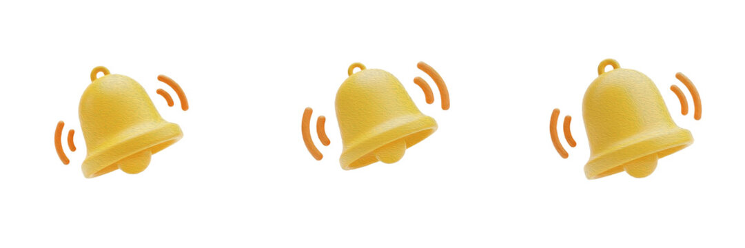 ) Three golden notification bells ringing isolated on white background concept