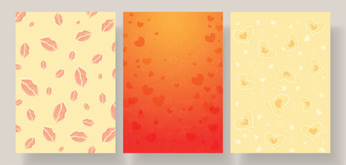 Modern romantic Valentine's Day background. red lips pattern, glowing gradient heart, for banner, poster, background, ads, cover, label, sale, branding