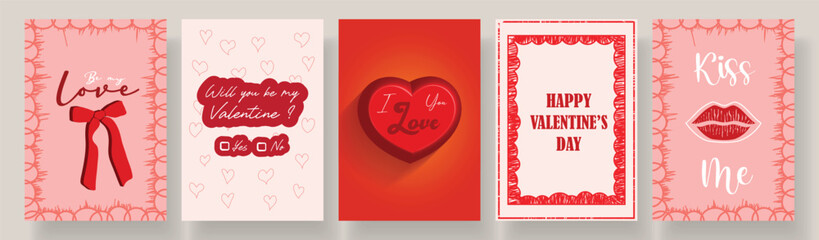 Valentine's Day card set in creative style. ribbons, hearts, lips, love messages, template for banner, poster, ads, background, cover, label, sale, branding