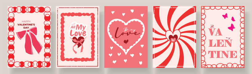 Happy Valentine's Day card collection in creative style. hearts, bow, frame, love messages, template for banner, poster, background, ads, cover, label, sale, branding