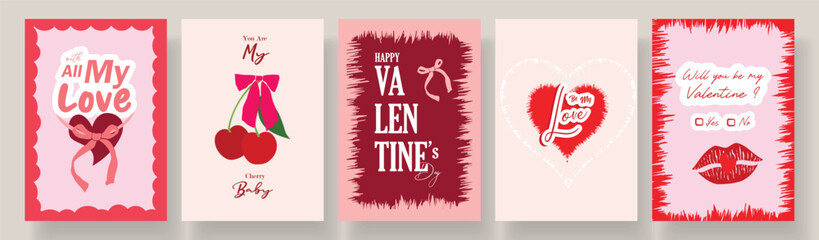 Set of Happy Valentine&rsquo;s Day cards. hearts, cherry, Bow, frame, romantic message, template for banner, poster, background, ads, cover, label, sale, branding