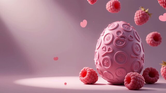 pink sphere with button-like patterns, surrounded by floating raspberries, soft pink and purple background, light source from top left, raspberries in various sizes.