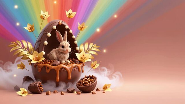 a fluffy white rabbit sitting in a broken chocolate egg filled with nuts and caramel.