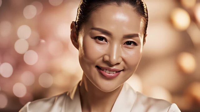 Beautiful Asian Woman Smiling with Glowing Skin in Soft Lighting.
