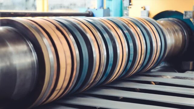 Rolled steel. Stack of rolls, cold rolled steel coils in action. Galvanized steel sheet and rusted edge. Cold rolled steel coils. Drum turns sheets into production. Industrial