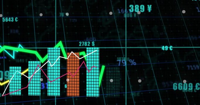 On data update animated financial chart drawing bars and trend lines to show market shifts