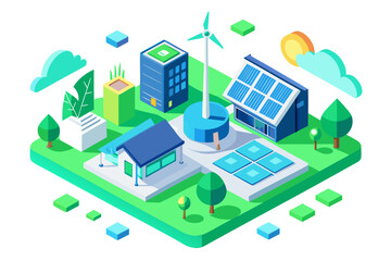 Obraz premium Isometric view of renewable energy system with solar panels and wind turbine green