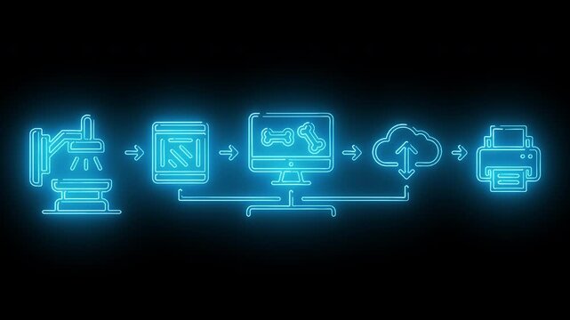 Neon-lit icons depicting a workflow from scanner to printer through computer and cloud storage on a black background with a futuristic and technological mood.