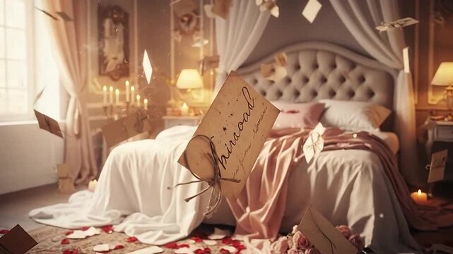 Luxurious romantic bedroom setting with floating love letters, scattered rose petals, and soft ambient lighting