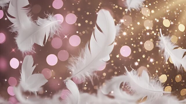 Elegant white feathers floating with bokeh lights, creating a dreamy background.