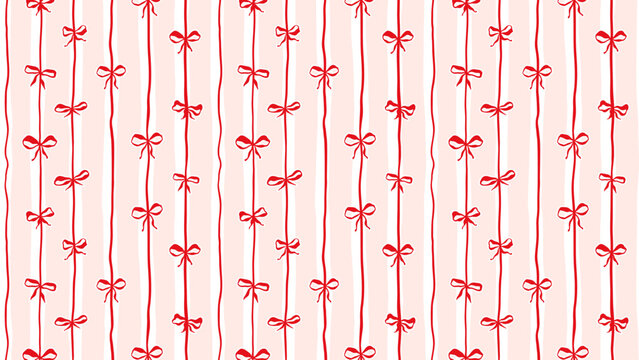 Red Bows on Pink Stripes Vector Seamless Pattern, Girly Coquette for Valentines Day Love Gift Wrapping or Greeting Cards, Fabric Textile Print Horizontal Banner Panoramic Backdrop