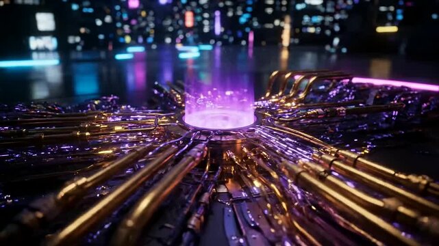 Dynamic energy pulses emanate from a futuristic quantum processor and Fusion reactor core, powering an advanced cybernetic city landscape at night.