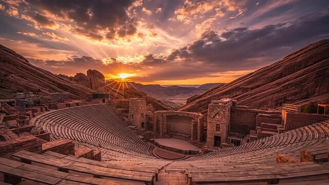 Majestic ancient amphitheater carved into a red rock canyon under a dramatic sunset sky, depicting historical outdoor architecture