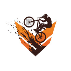 Naklejka premium Dynamic Mountain Biker in Action with Vibrant Orange Background.