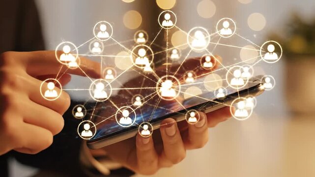 Close-up of a person's hands using a smartphone to connect with a glowing digital network of people, representing social media and online community