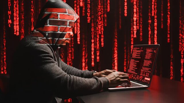 Person in brick hood using laptop
