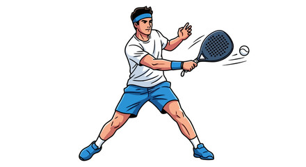 Detailed description of a male padel player in a blue and white outfit, actively hitting a ball with a padel racket during a game, depicted in a dynamic cartoon style. © Julius