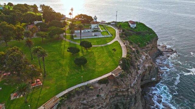 Aerial orbit shot of Point Fermin Lighthouse