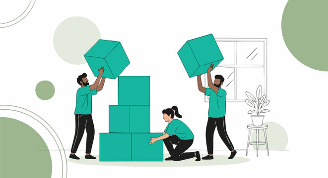 Diverse team of people working together carefully stacking large turquoise cube blocks for relocation or organization project on white background