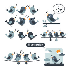 Fototapeta premium Cartoon Birds Singing on Branches