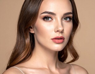 Fototapeta premium Portrait of a woman with long, wavy brown hair, looking at the camera