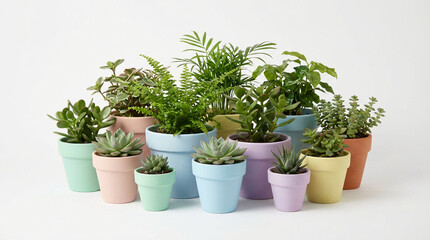 Fototapeta premium Variety of Potted Plants in Colored Pots.