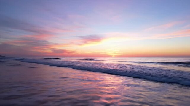 Beautiful beach sunset with colorful sky and ocean waves during the evening.