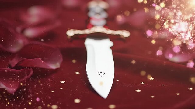Elegant Dagger on a Red Surface with Rose Petals and Bokeh Lights.