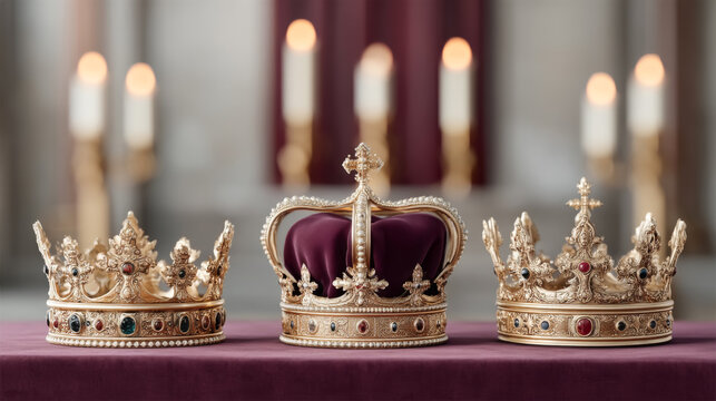 Luxurious royalty elegance featuring ornate crowns on velvet display in candlelit setting
