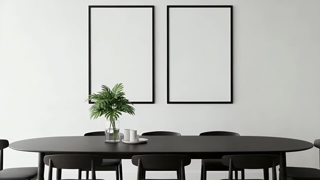 Elegant minimalist dining space with modern black table and chairs, adorned with a green plant and blank framed art, perfect for interior design inspiration