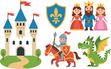 Fototapeta premium Fairy Tale Castle Adventure Vector Illustration King, Queen, Princess, and Knight